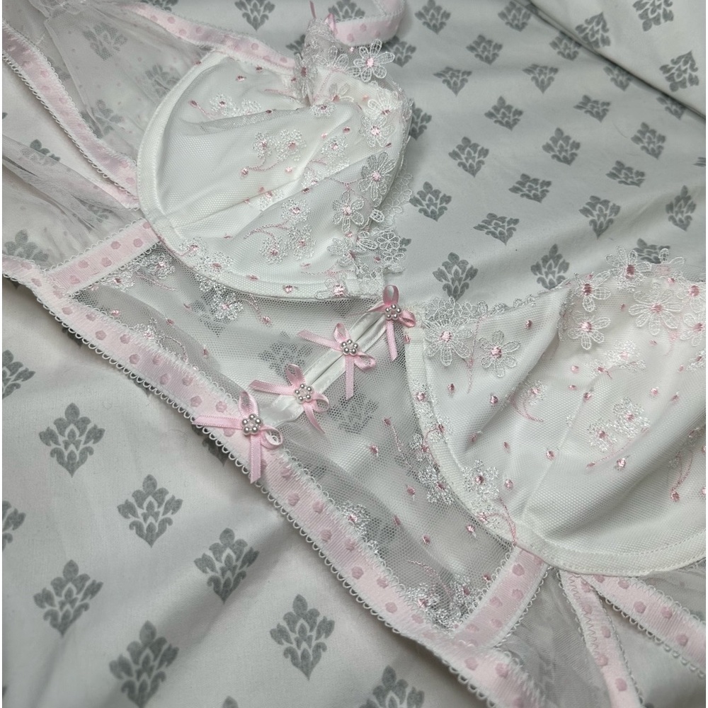 For Love & Lemons White and Pink Sheer Embroidered Lace Bra